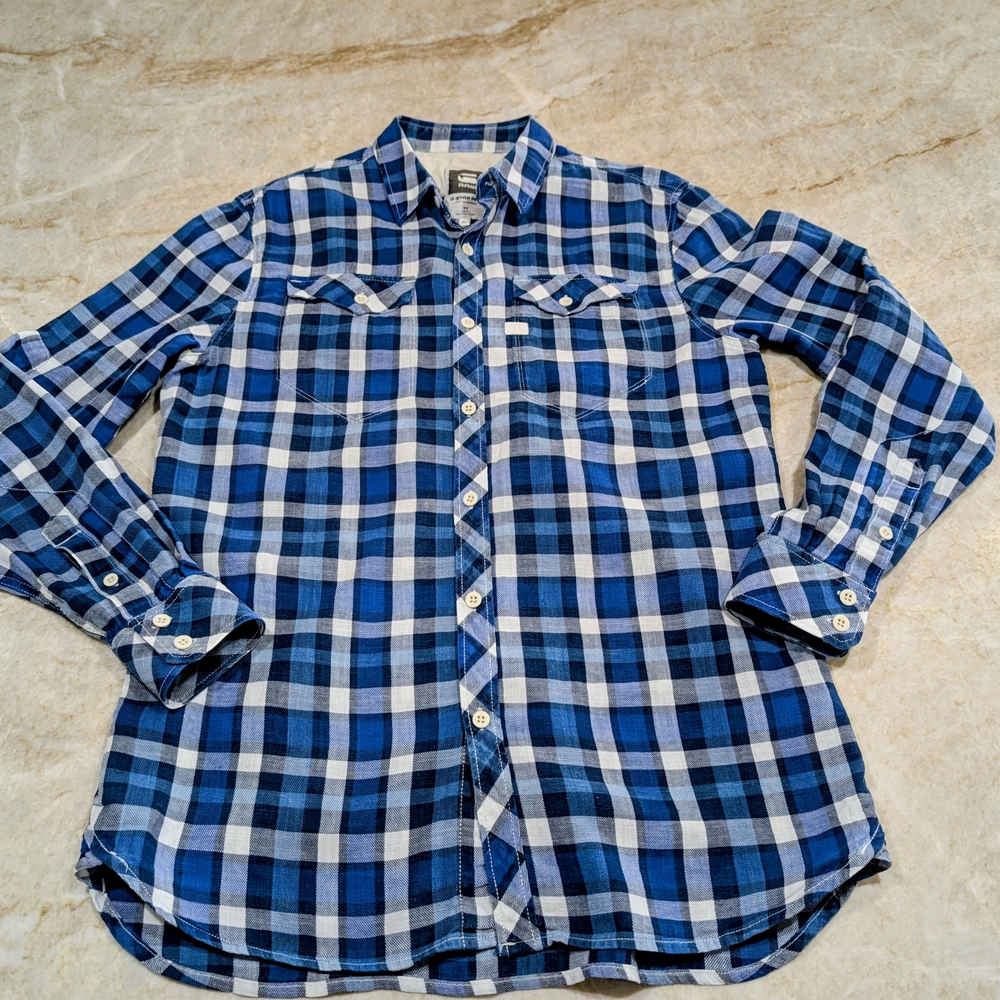 G-Star Blue and White Checkered Casual Shirt